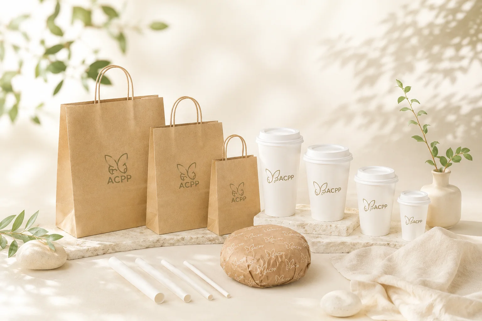 The full ACPP range: carry bags, compostable cups, straws and printed wrapping