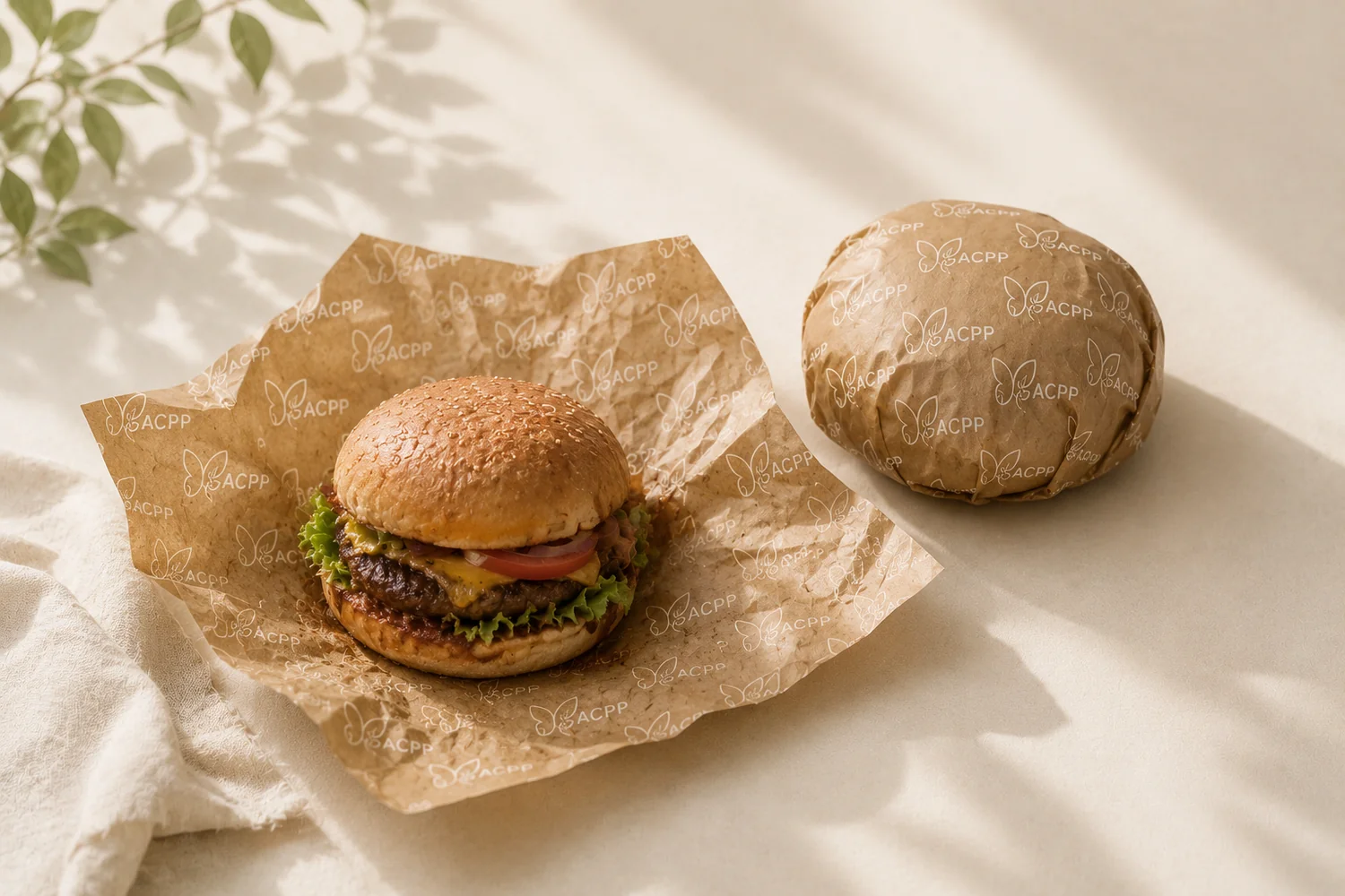 Burger wrapped in ACPP compostable kraft paper printed with the butterfly pattern